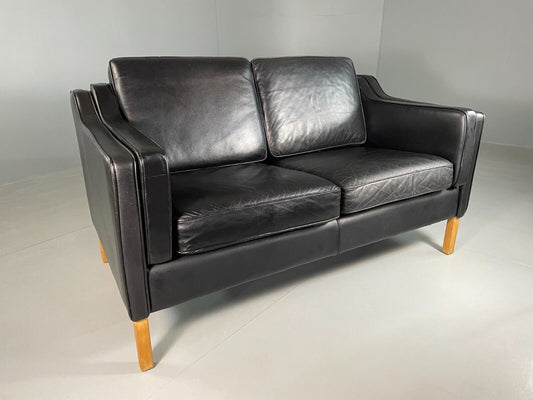 EB6641 Vintage Danish 2 Seat Sofa Black Leather Mogensen Style Retro MCM M2SS