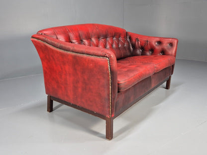 Vintage Danish 2 Seat Sofa Red Leather Chesterfield Style Retro EB8574 VCHE