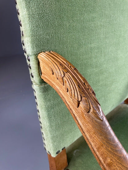 EB4649 Danish Early 20th Century Carved Oak And Green Velour Chair, Antique VCAR