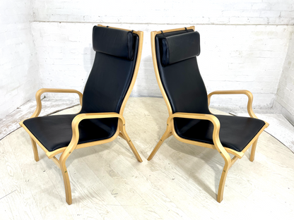 EB4445 Pair Of Vintage Danish Skippers Bentwood Chairs Black Leather Retro MBEN