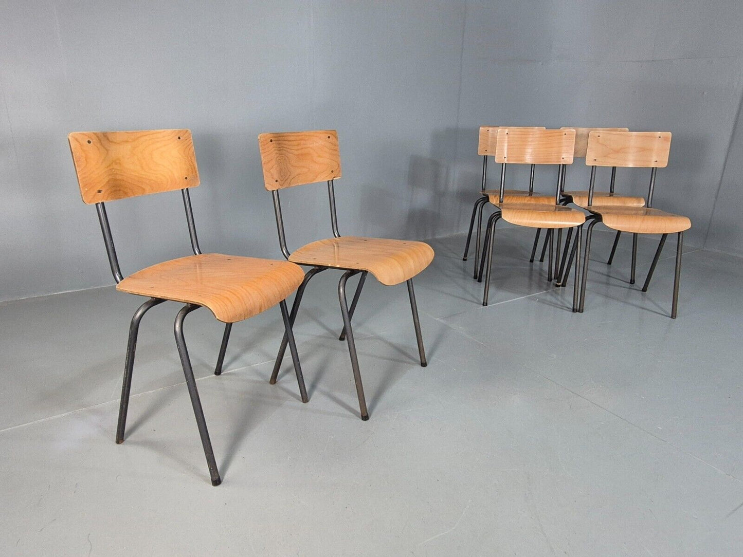 6 Vintage Danish Stacking Chairs bent Ply and Steel 1970s Retro MCM EB7871 MDIN