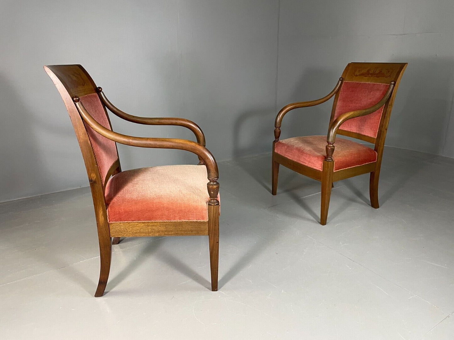 EB6727 2 Vintage Danish Lounge Chairs Beech Wood Pink Velour Antique Empire VCLO