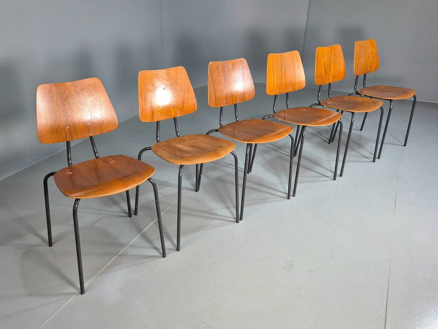 6 Vintage Danish Stacking Chairs Teak Plywood Steel Frame 1960 Retro EB8369 MSTA