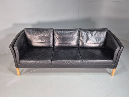 Vintage Danish 3 Seat Sofa Black Leather Retro MCM 1980s EB7620 M3SS