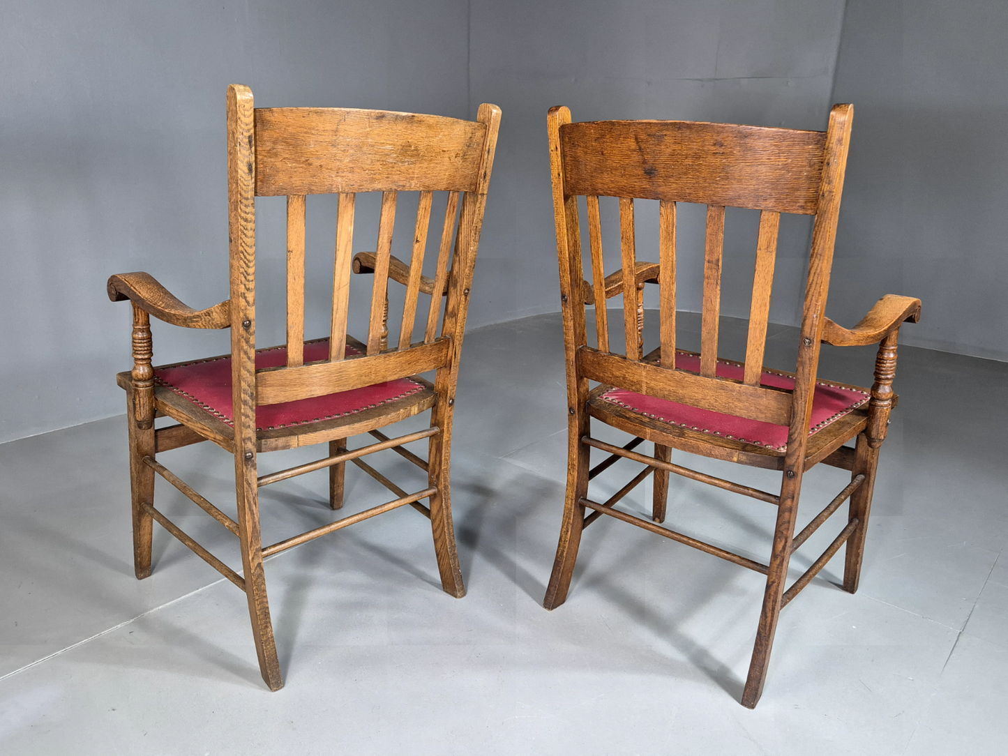 2 Vintage Elbow Chairs Red Leatherette Oak 1920s Retro EB7393 VLEA