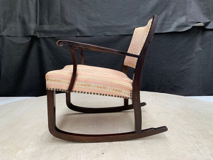 EB2913 Danish Stained Beech & Pink Striped Fabric Rocking Chair Vintage VCLO