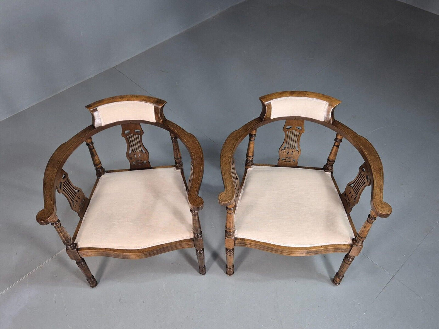 2 Vintage Lounge Chairs White Calico Fruitwood Inlay Edwardian EB8171 VCLO