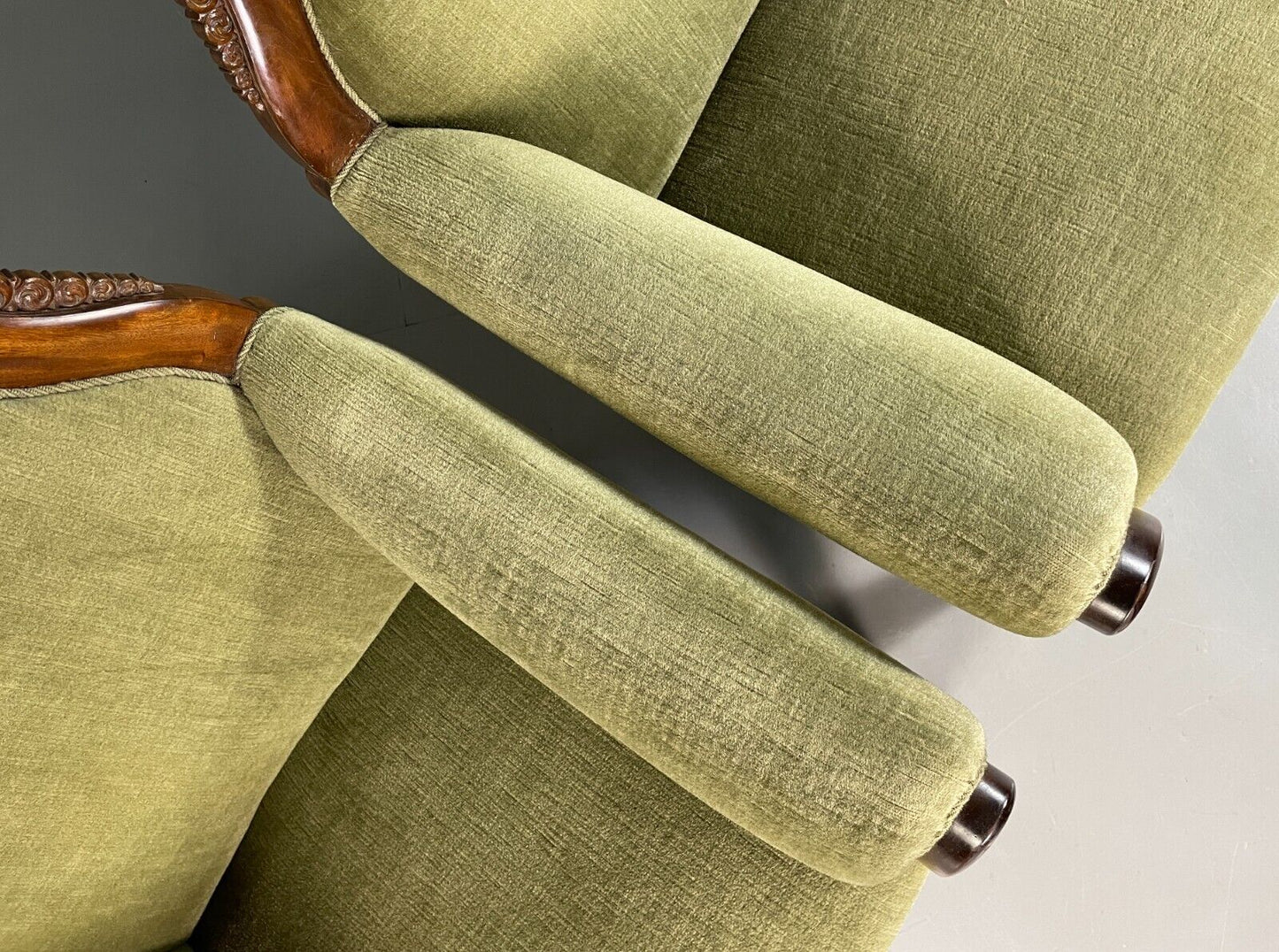 EB6659 2 Vintage Danish Lounge Chairs Green Velour Mahogany Antique Empire VCLO