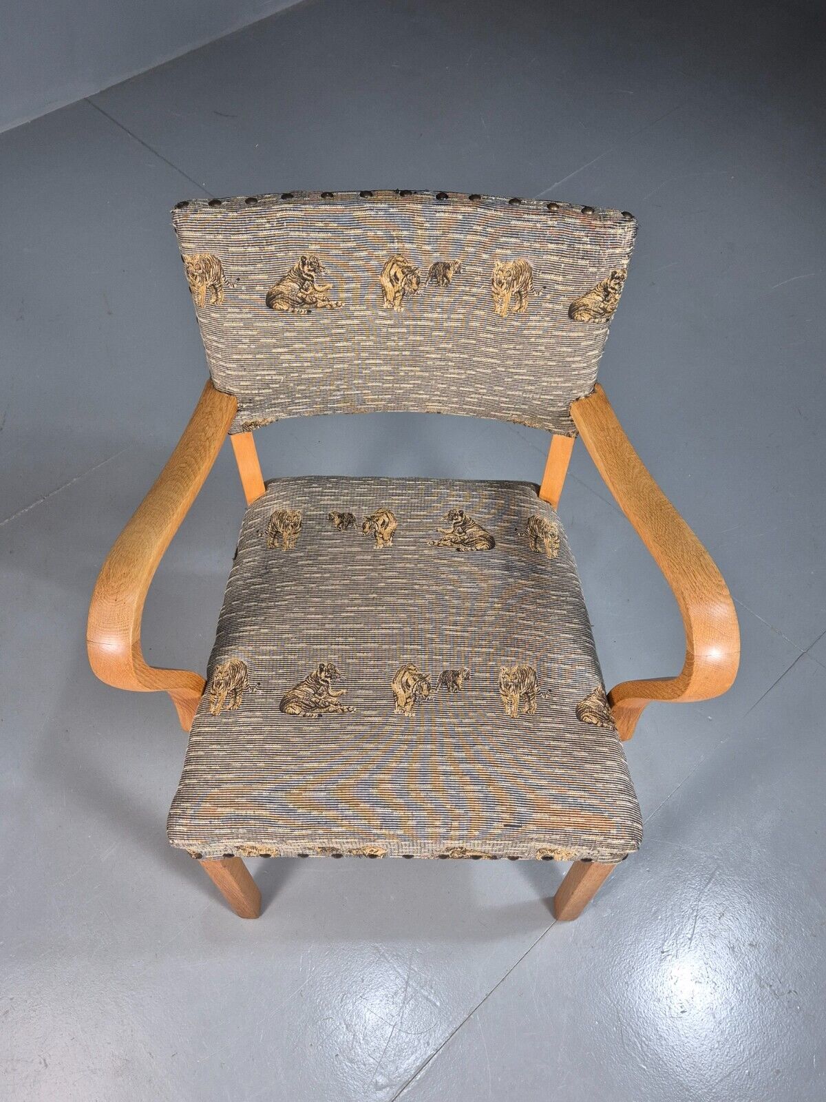 Vintage Danish Elbow Chair Tiger Motif Grey Beech Wood 1950s Retro EB8005 MDIN