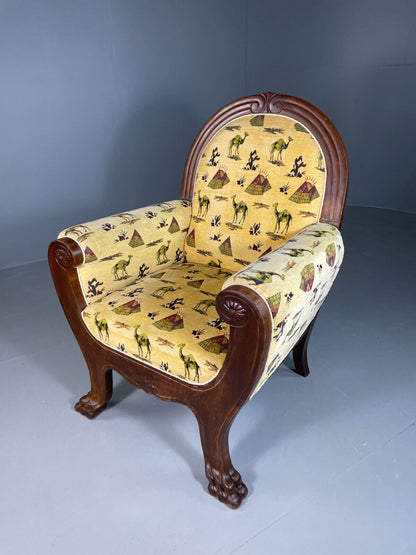 EB6675 Vintage Danish Lounge Chair Yellow Mahogany Paw Feet Antique Empire VCLO