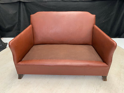 EB2609 1930s Brown Vinyl & Orange Velour Two Seater Sofa Mid-Century Modern M2SS