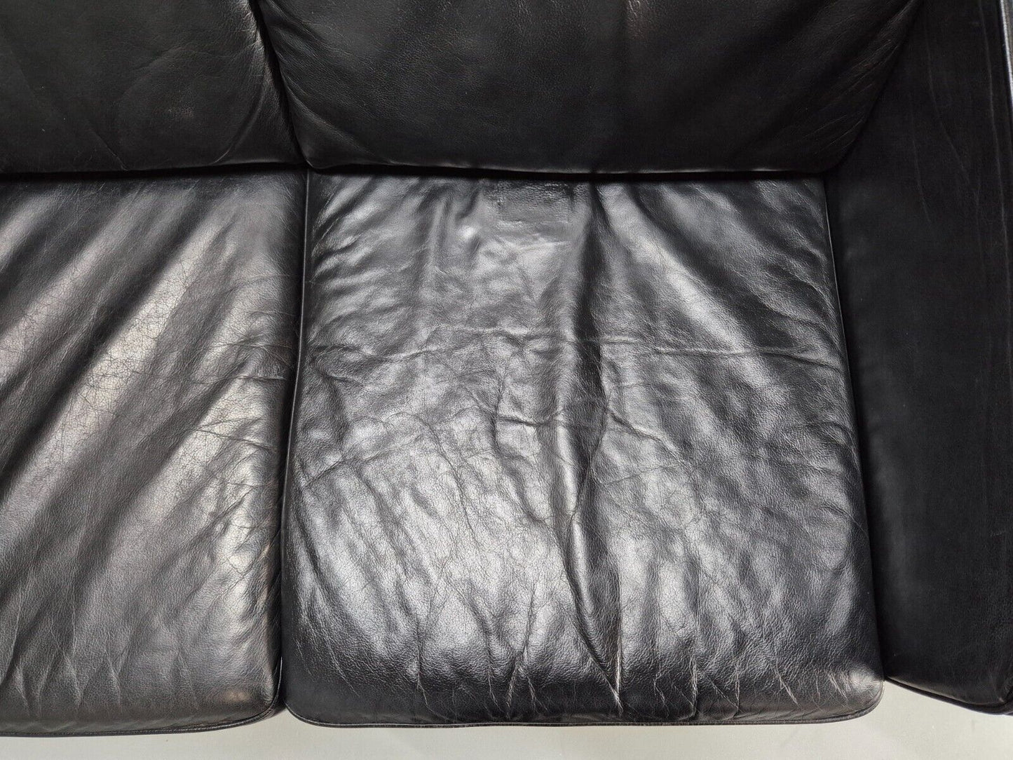 Vintage Danish 3 Seat Sofa Black Leather Straight back Arm Retro MCM EB8622 M3SS