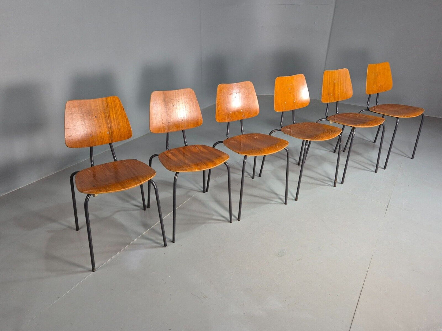 6 Vintage Danish Stacking Chairs Teak Plywood Steel Frame 1960 Retro EB8375 MSTA