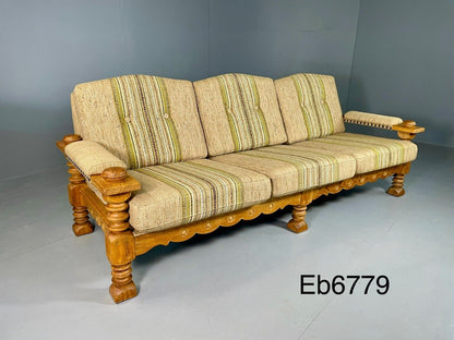 EB6779 Vintage 3 Seat Sofa Grey Green Wool Oak Frame Kjaernulf Retro 1970s M3SS