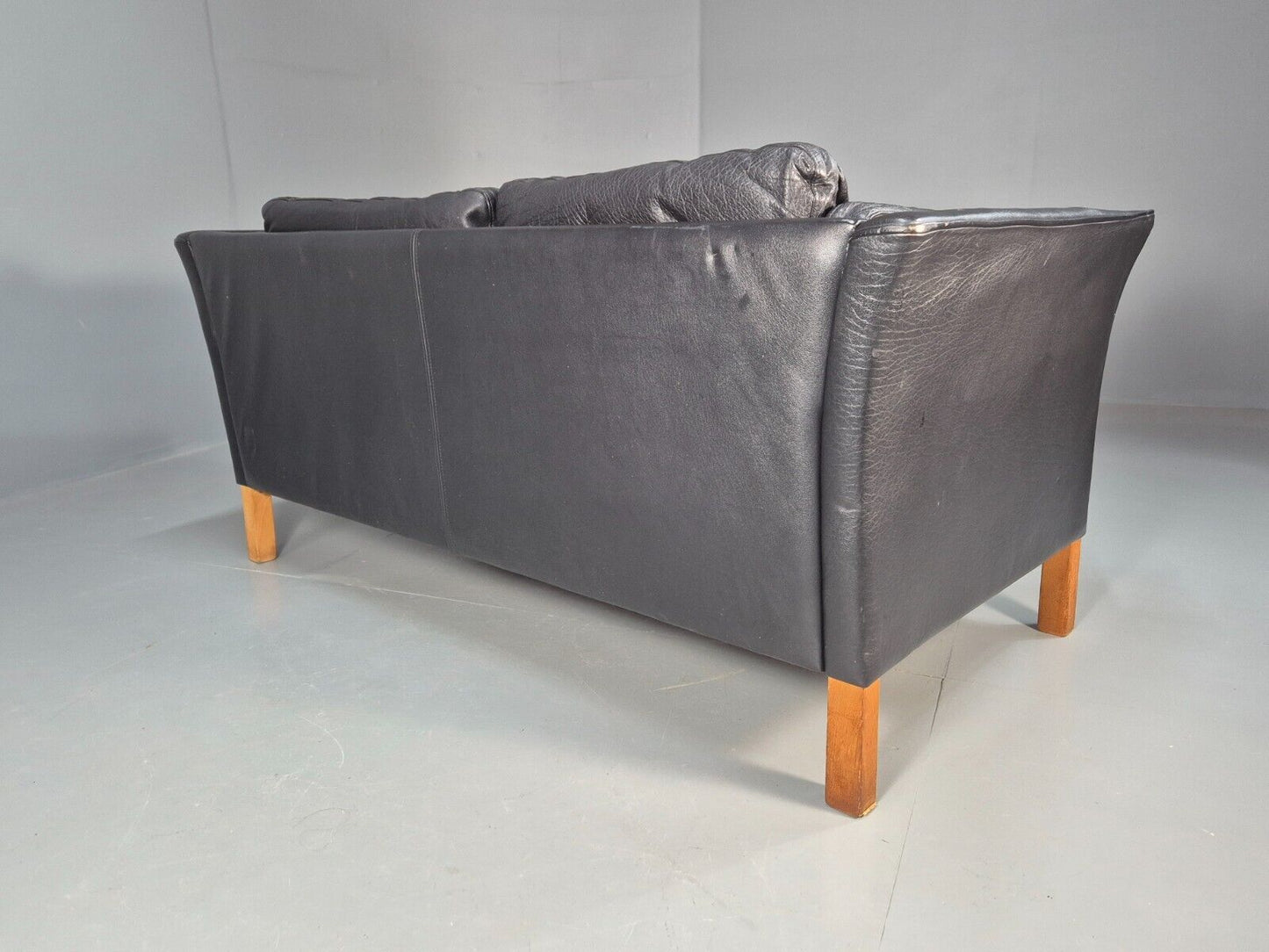 Vintage Danish 2 Seat Sofa Black Leather 1980s Retro MCM EB8696 M2SS