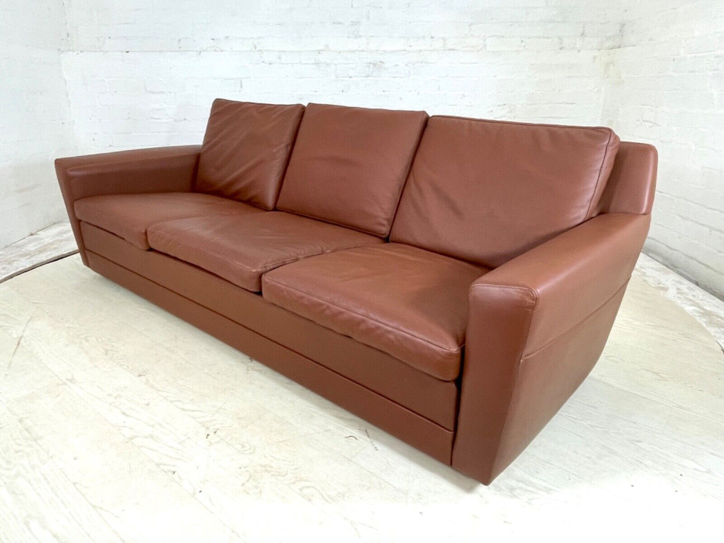 EB4300 Danish Tan Leather 1970s Sofa. Oak Sled Base, Vintage, Retro, MCM. M3SS