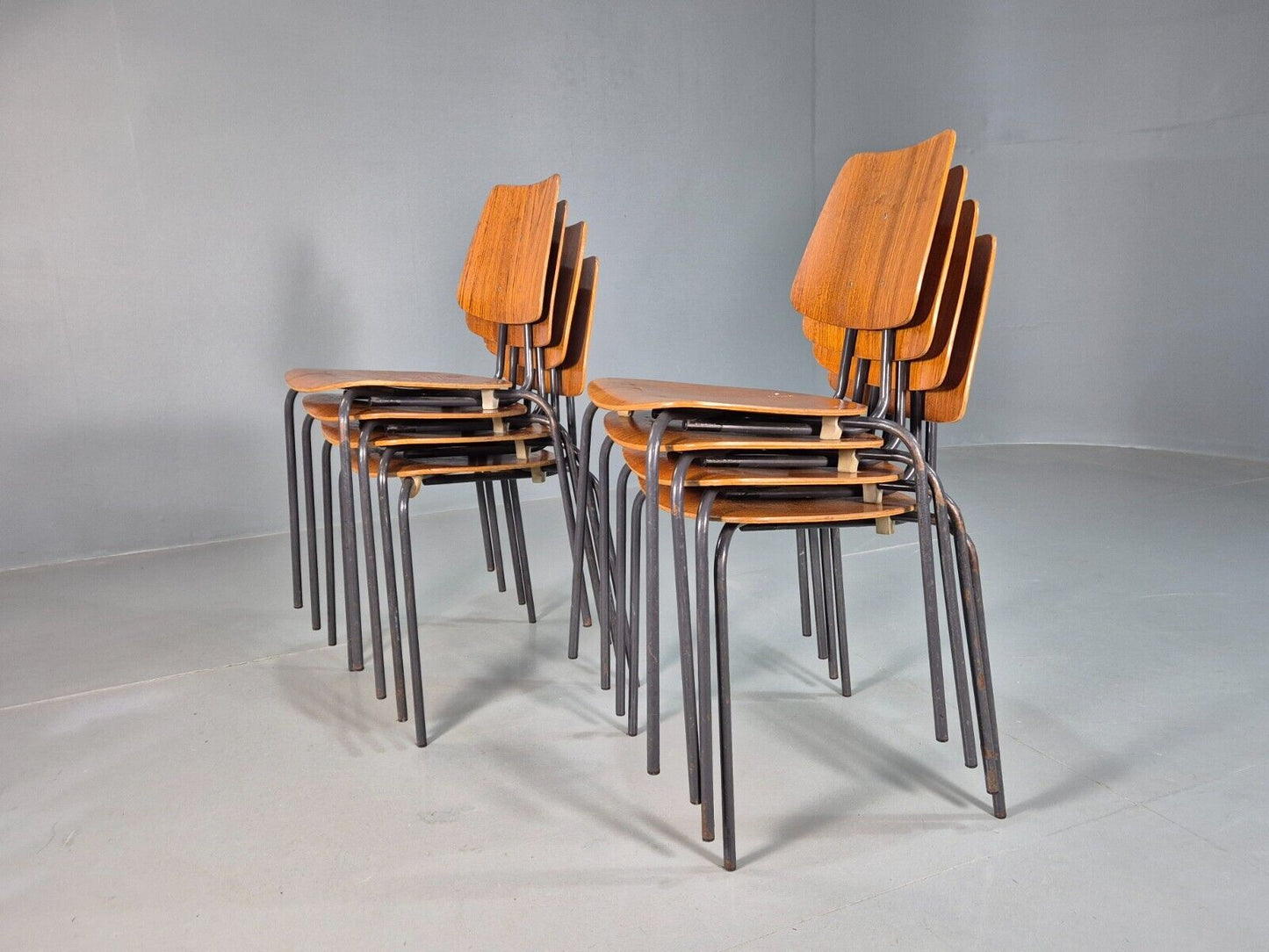 8 Vintage Danish Stacking Chairs Teak Plywood Steel Frame 1960 Retro EB8374 MSTA