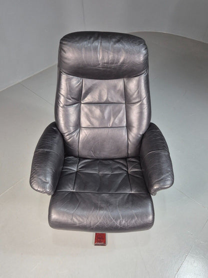 Vintage Danish Swivel Lounge Chair Black Leather Recline 1980 Retro EB8249 MSWI