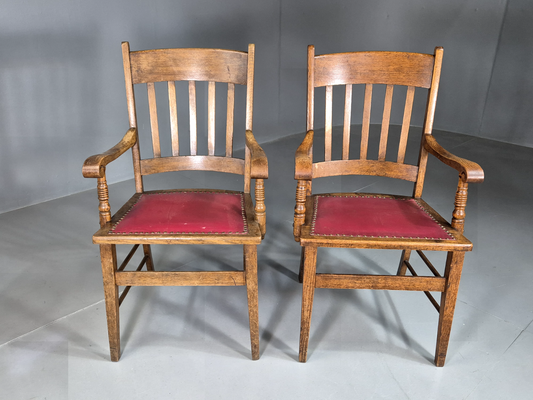 2 Vintage Elbow Chairs Red Leatherette Oak 1920s Retro EB7393 VLEA