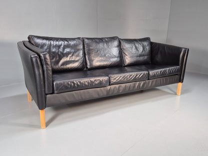 Vintage Danish 3 Seat Sofa Black Leather and Vinyl Straight Back EB8616 M3SS