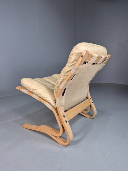 Vintage Danish Lounge Chair Beige Leather Bentwood Skyline Retro MCM EB5377 MBEN