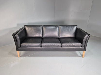 EB7578 Vintage Danish 3 Seat Sofa Black Leather Retro MCM  M3SS