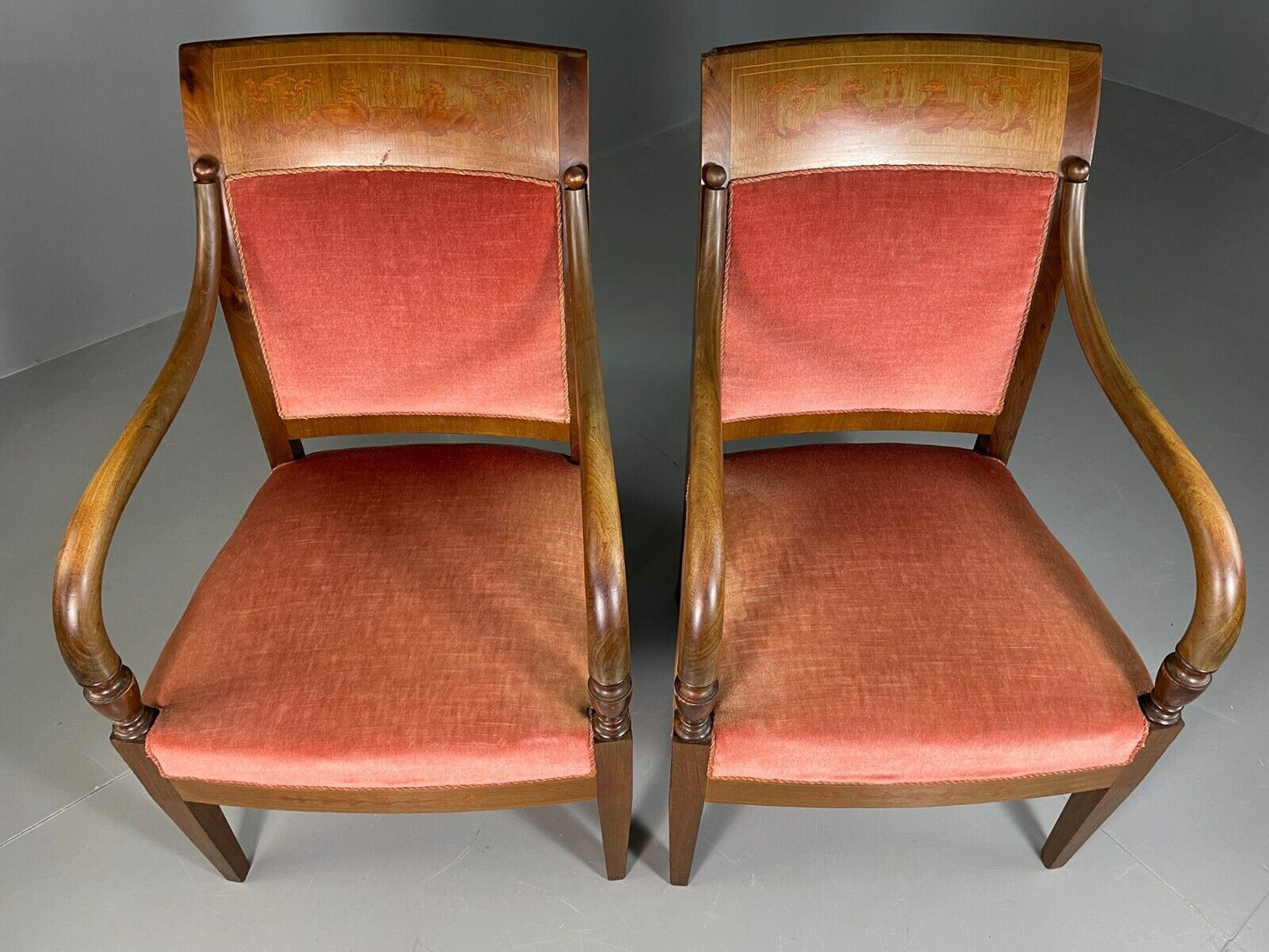 EB6727 2 Vintage Danish Lounge Chairs Beech Wood Pink Velour Antique Empire VCLO