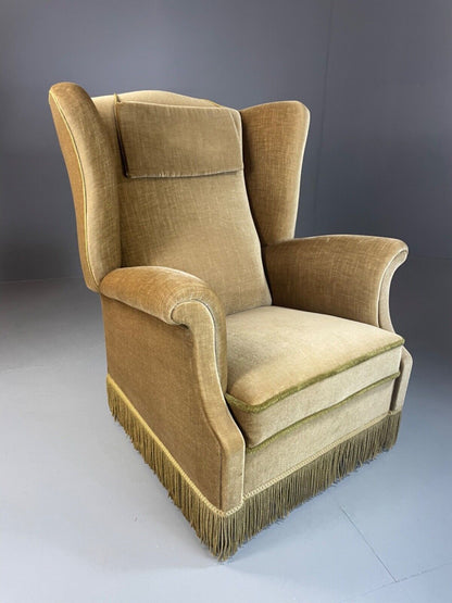 EB4894 Vintage Danish Olive Green Wingback Armchair, tassel, 1950s, 1960s VCLO