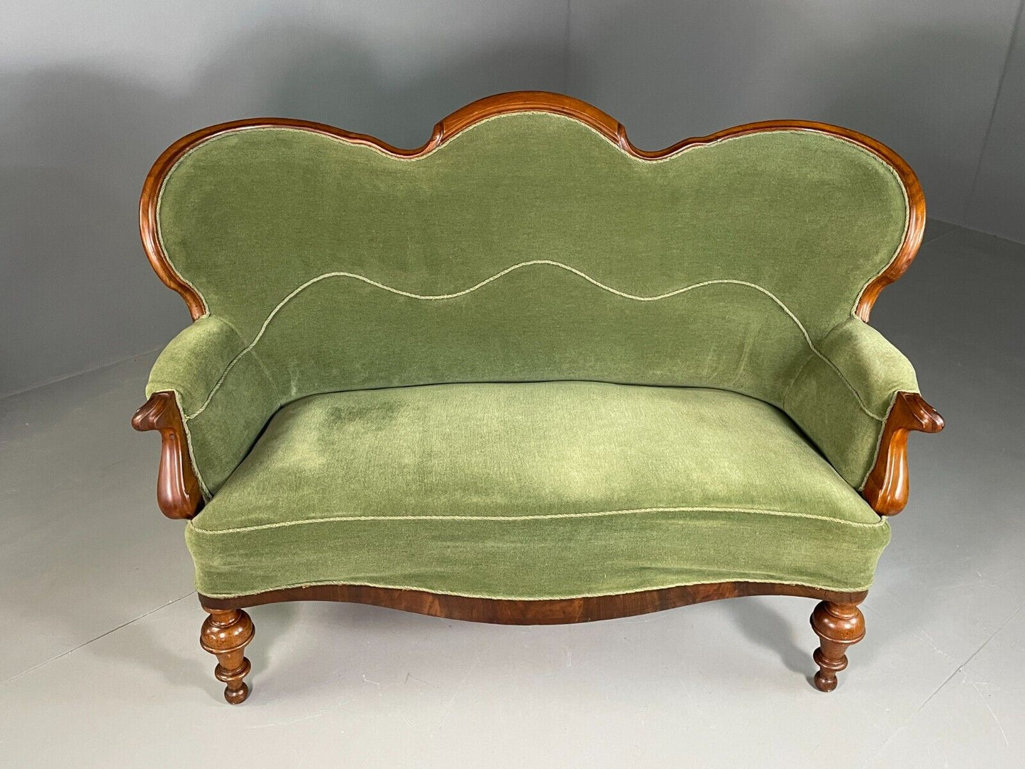 EB6969 Vintage Danish 2 Seat Sofa Mahogany Green Velour Camel Back Antique V2SS