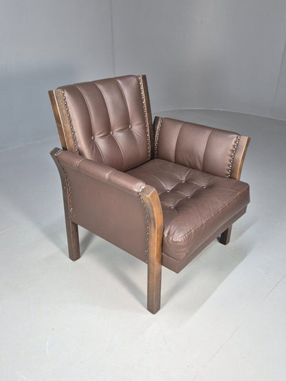 Vintage Danish Lounge Chair Brown Leather Beech Frame Antique Style EB8493 VLEA