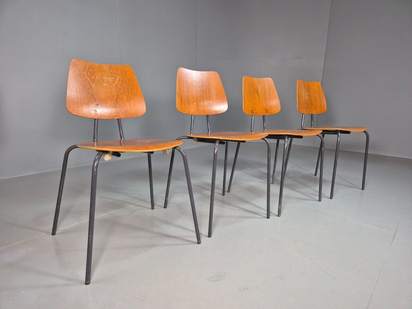 4 Vintage Danish Stacking Chairs Teak Plywood Steel Frame 1960 Retro EB8366 MSTA