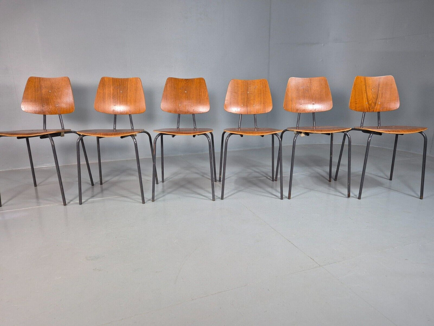 6 Vintage Danish Stacking Chairs Teak Plywood Steel Frame 1960 Retro EB8371 MSTA