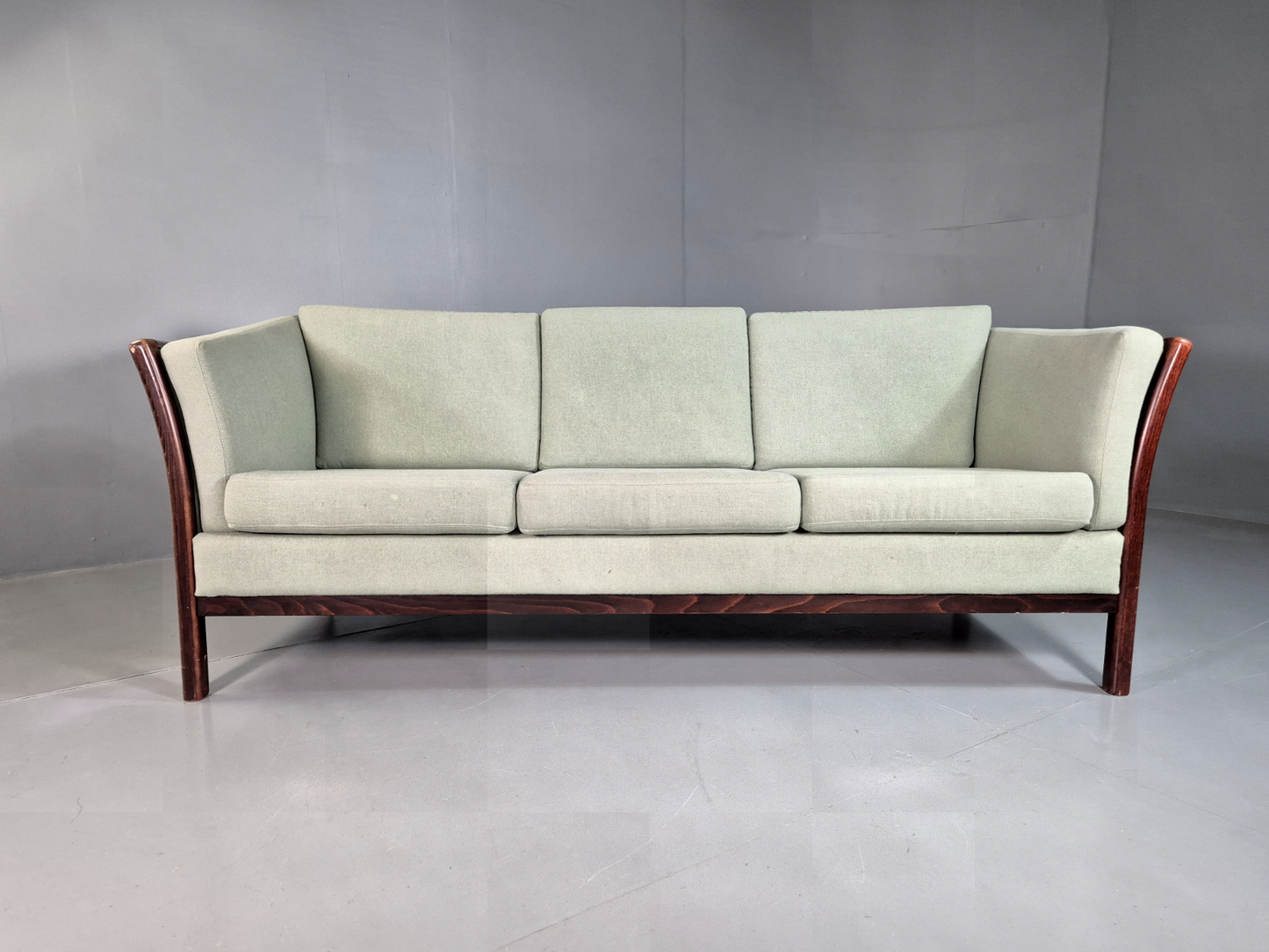 EB7286 Vintage Danish 3 Seat Sofa Green Wool Beech Frame Stouby Retro MCM M3SS