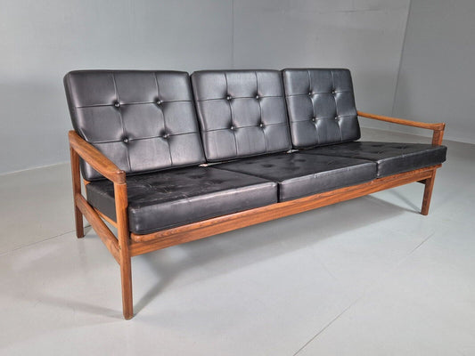 Vintage Swedish 3 Seat Sofa Black Vinyl Teak Frame Erik Worts Retro EB7567 M2SS