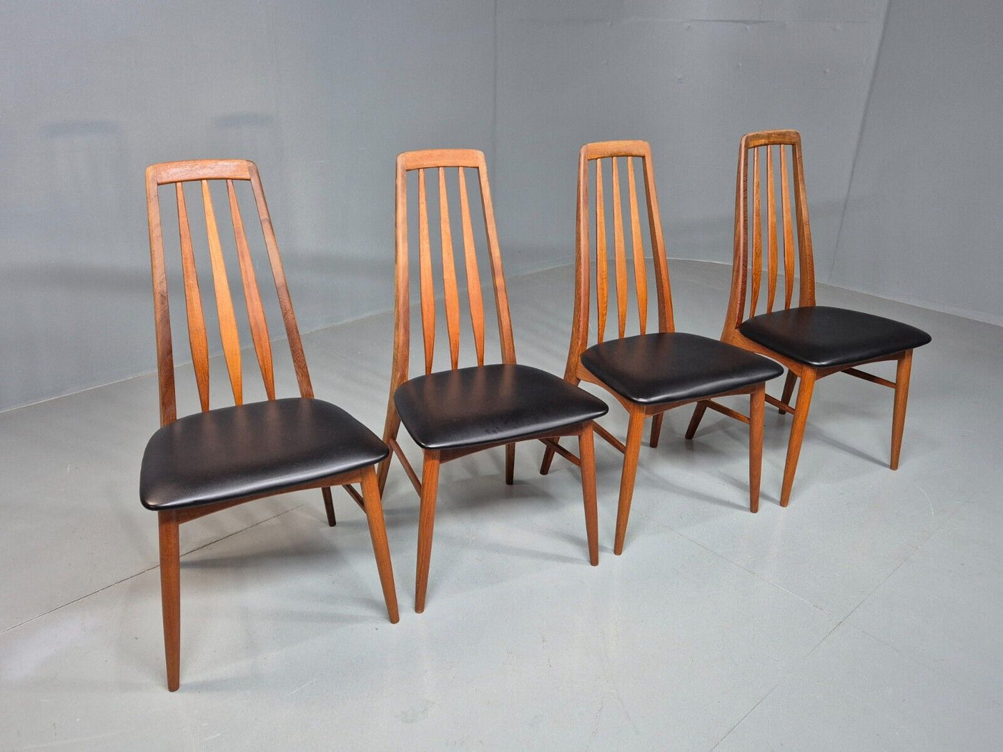 4 Vintage Danish Dining Chairs Black Vinyl Teak Koefoeds Retro MCM EB8433 MDIN