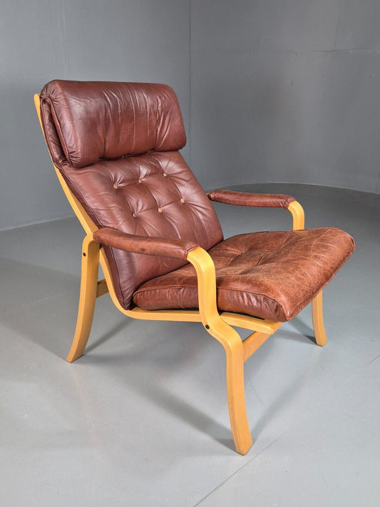 EB7410 Vintage Danish Lounge Chair Leather Bentwood Retro MCM MBEN