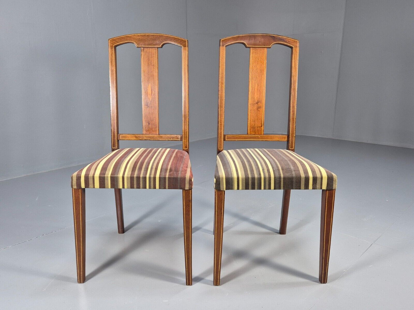 2 Vintage Dining Chairs Stripe Upholstery Boxwood Inlay 1920s EB8852 VDIN