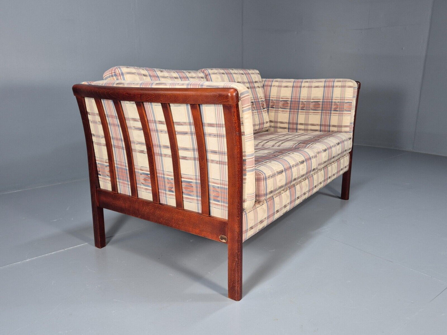 Vintage Danish 2 Seat Sofa Tartan Cotton Wood Frame Stouby 1980s MCM EB8598 M2SS