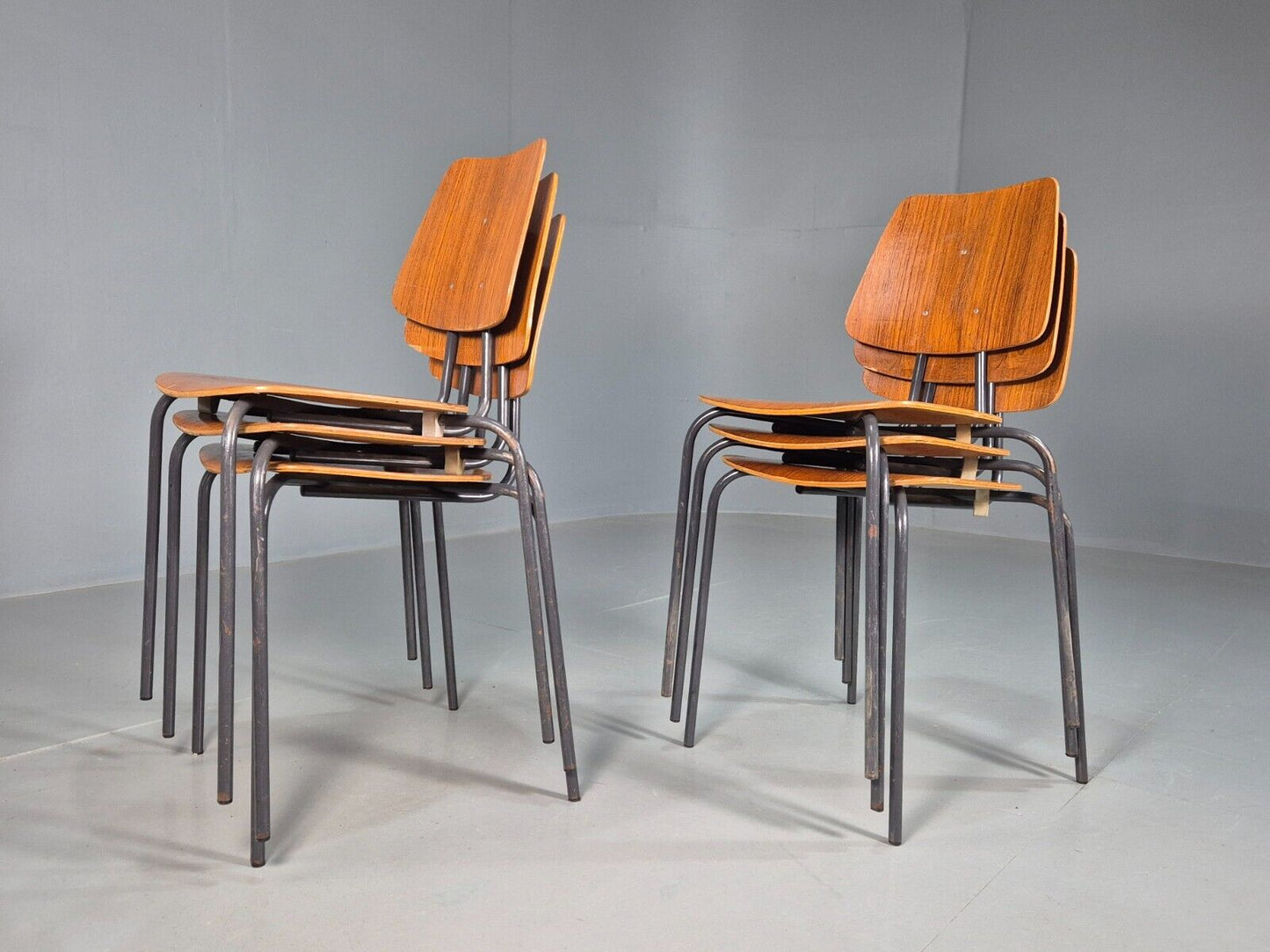 6 Vintage Danish Stacking Chairs Teak Plywood Steel Frame 1960 Retro EB8379 MSTA