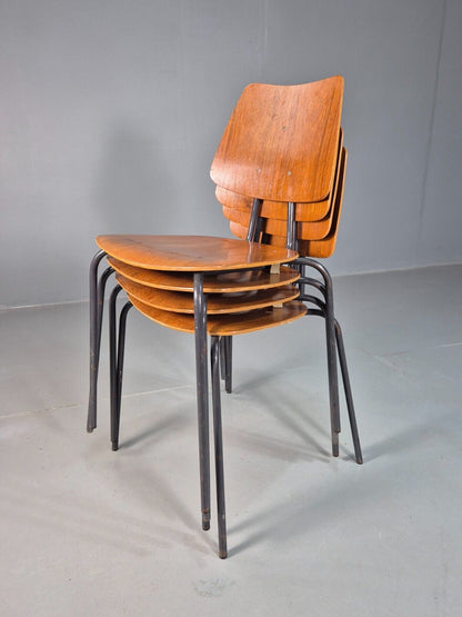 4 Vintage Danish Stacking Chairs Teak Plywood Steel Frame 1960 Retro EB8366 MSTA