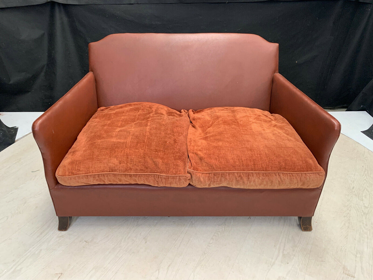 EB2609 1930s Brown Vinyl & Orange Velour Two Seater Sofa Mid-Century Modern M2SS