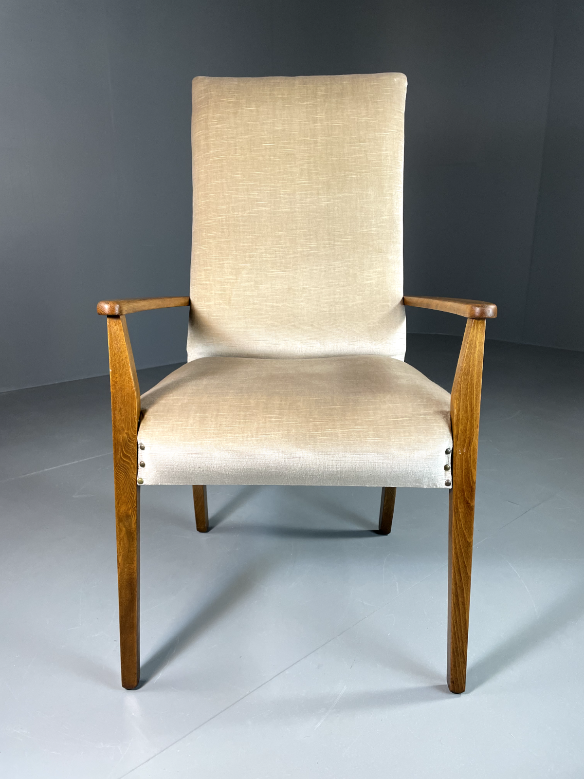 EB6009 Vintage Danish Highback Armchair Cream Velour Studded Seating VCLO