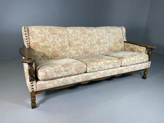 EB6685 A Vintage Danish 3 Seat Sofa Oak Floral Cotton 1970s Retro M3SS