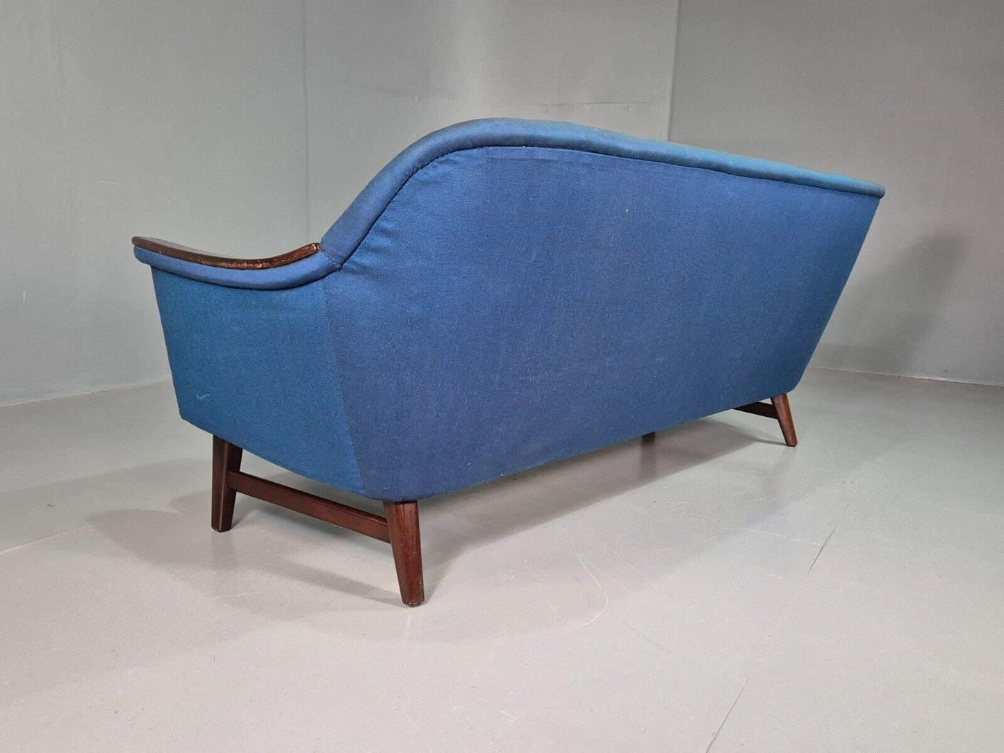 Vintage Swedish 3 Seat Sofa Blue Cotton Wood Arms 1960 Retro MCM EB7594 M3SS