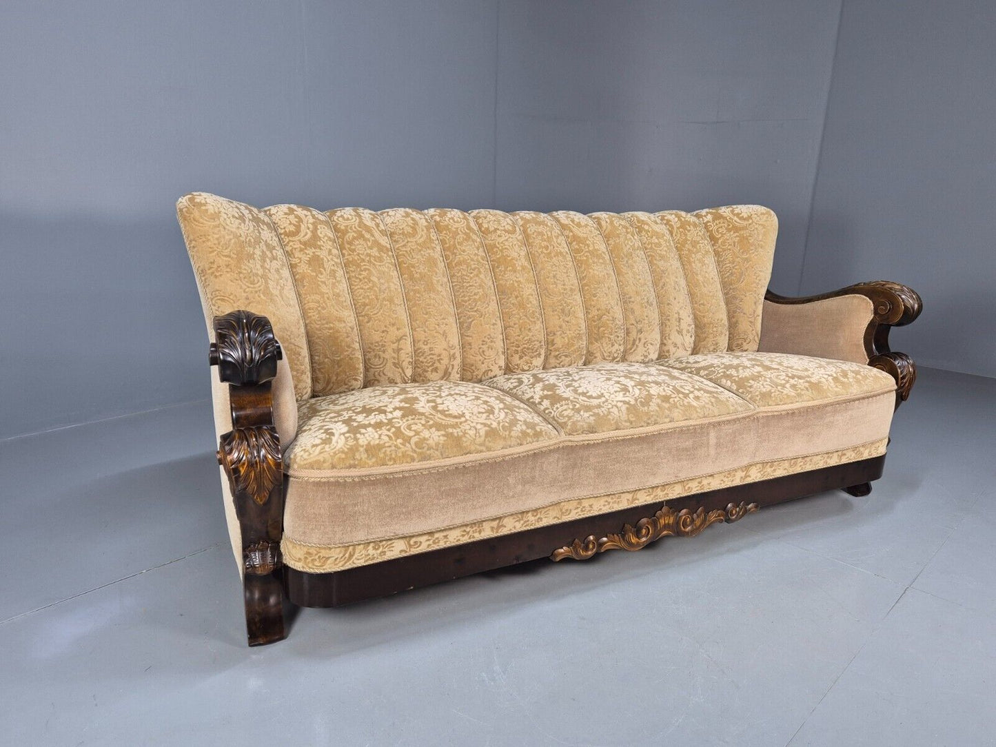 Vintage Danish 3 Seat Sofa Gold Moquette Carved Frame Antique 1920s EB8695 V3SS