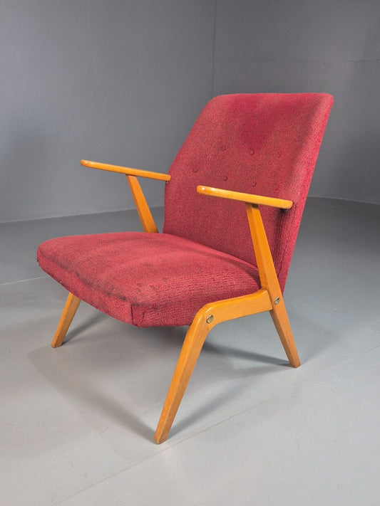 Vintage Swedish Lounge Chair Red Cotton Beech Frame 1960s Retro MCM  EB7743 MNOR