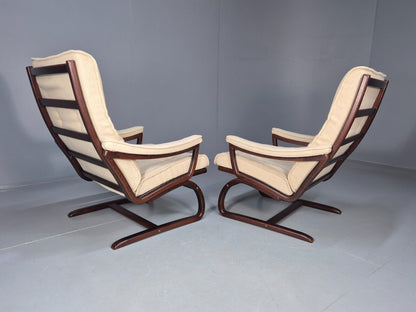 2 Vintage Danish Lounge Chairs Cream Wool Bentwood 1980s Retro MCM EB8540 MBEN