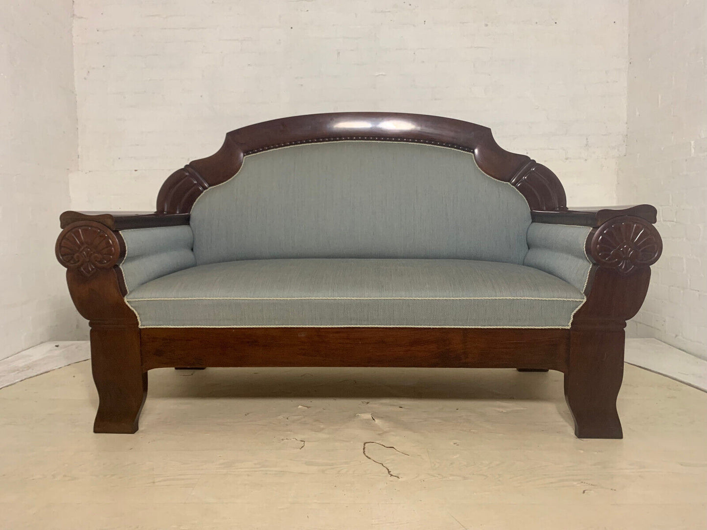 EB3785 Danish 1930s Mahogany & Light Blue Fabric Three Seater Sofa Vintage V3SS