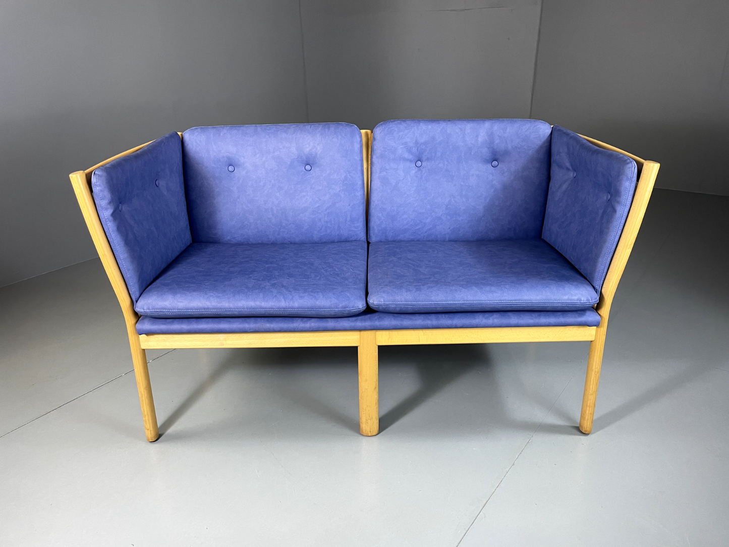 EB5380 Vintage Danish Beech Frame Sofa, Blue Vinyl Upholstery, Retro, M2SS