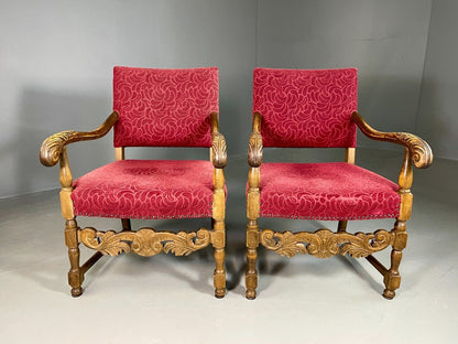 EB6943 2 Vintage Elbow Chairs Red Moquette Oak Frame 17th Century Style RepoVCLO